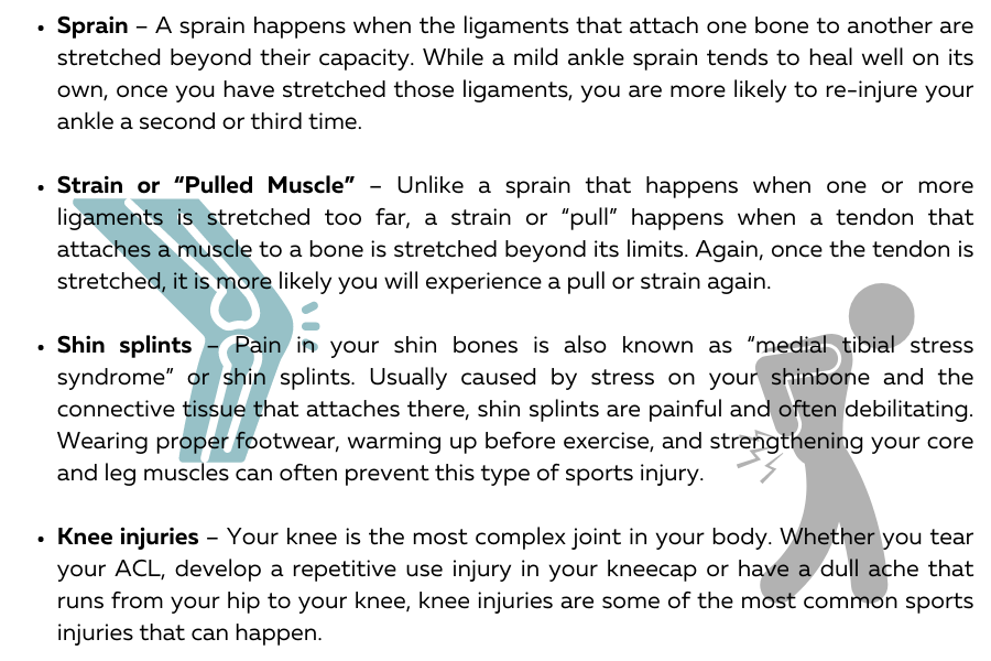 Type of Sports Injuries - Sprain, Strain or Pulled Muscle, Shin splints, Knee Injuries