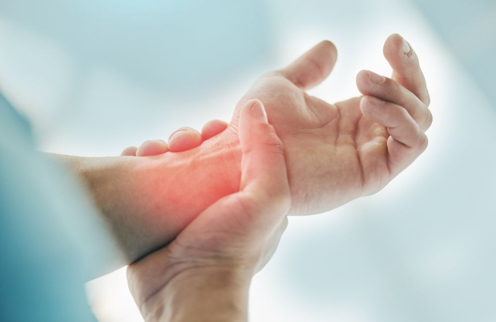 Hands, fitness injury and wrist pain after accident, workout or training exercise. inflammation or painful arthritis, tendinitis or carpal tunnel