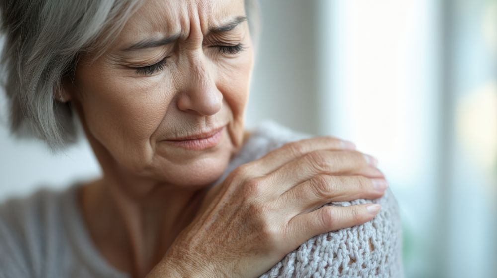 senior woman with shoulder painful